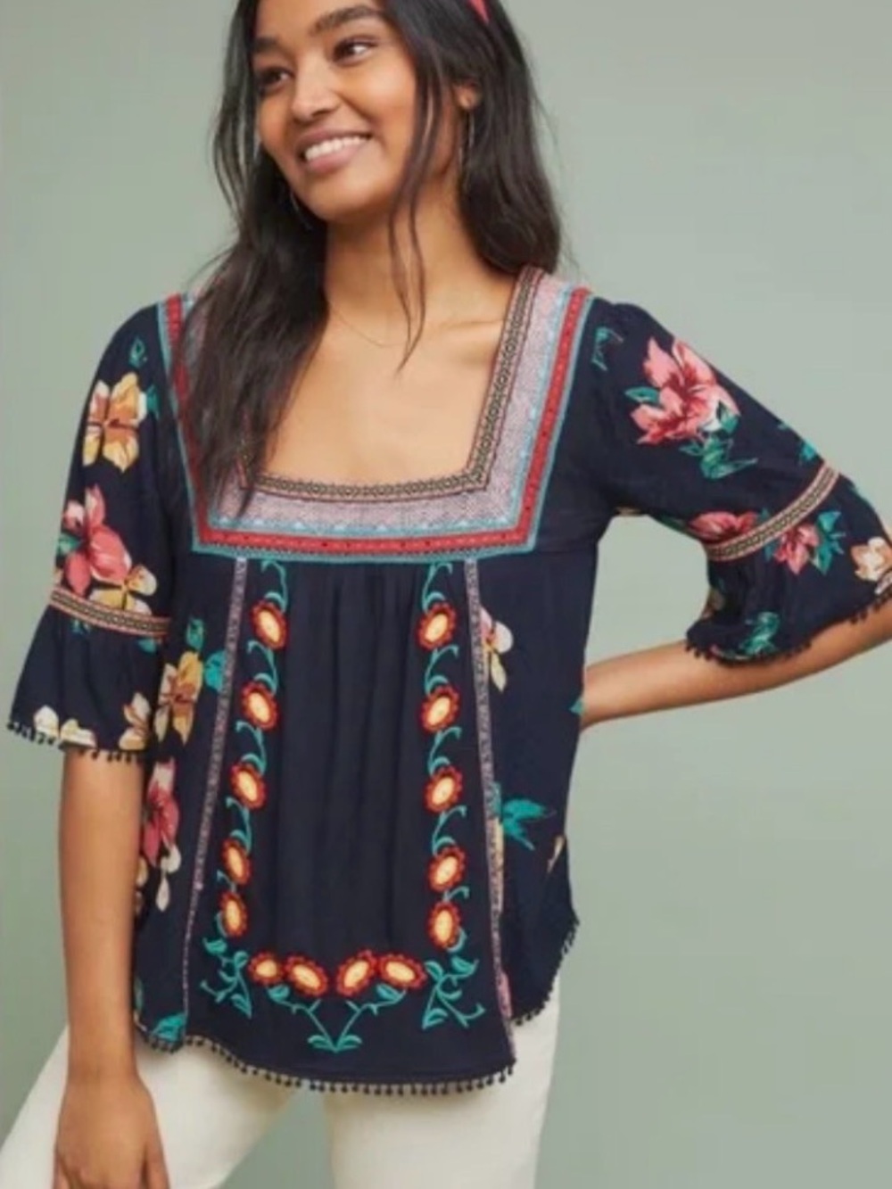 Anthropologie Dakota Bell Sleeve Embroidered Top Size Small